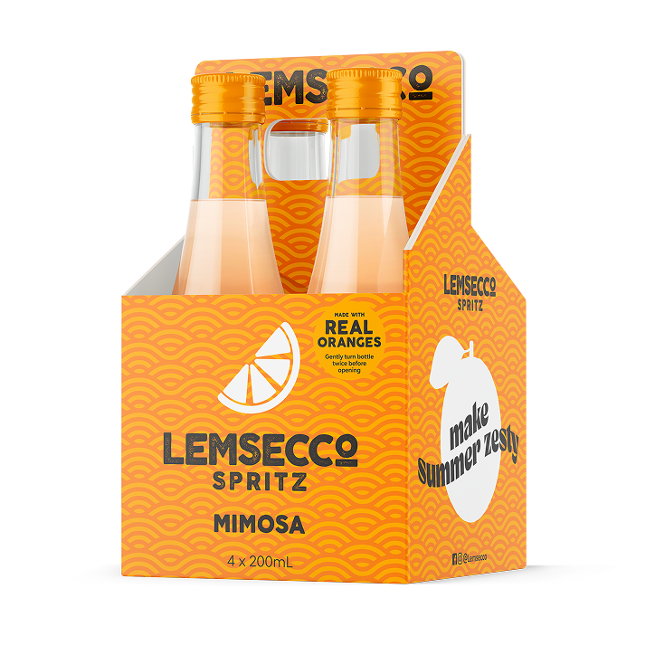 Lemsecco Mimosa Prosecco Spritz Minis, a four-pack in orange citrus-patterned packaging, are made with real oranges and a touch of Prosecco—perfect for brunch or adding zest to summer.