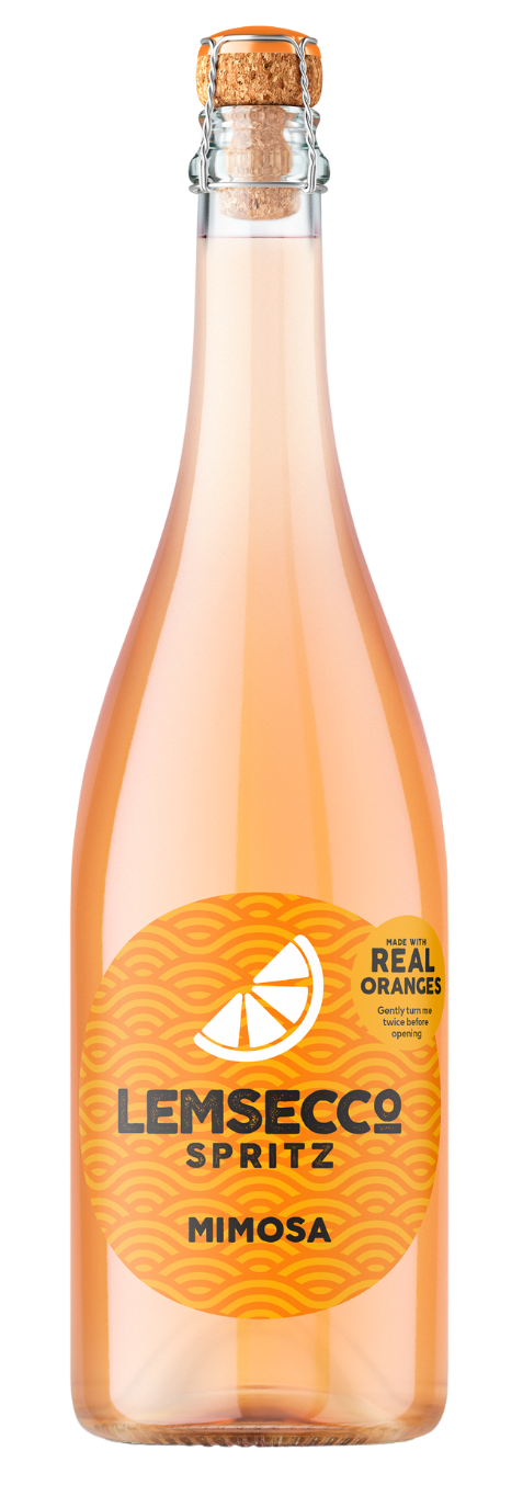 A clear glass bottle of Lemsecco Mimosa Prosecco Spritz with a cork top. The bubbly orange label features a sliced orange graphic and the text “Mimosa Prosecco Spritz” and “Lemsecco.”.